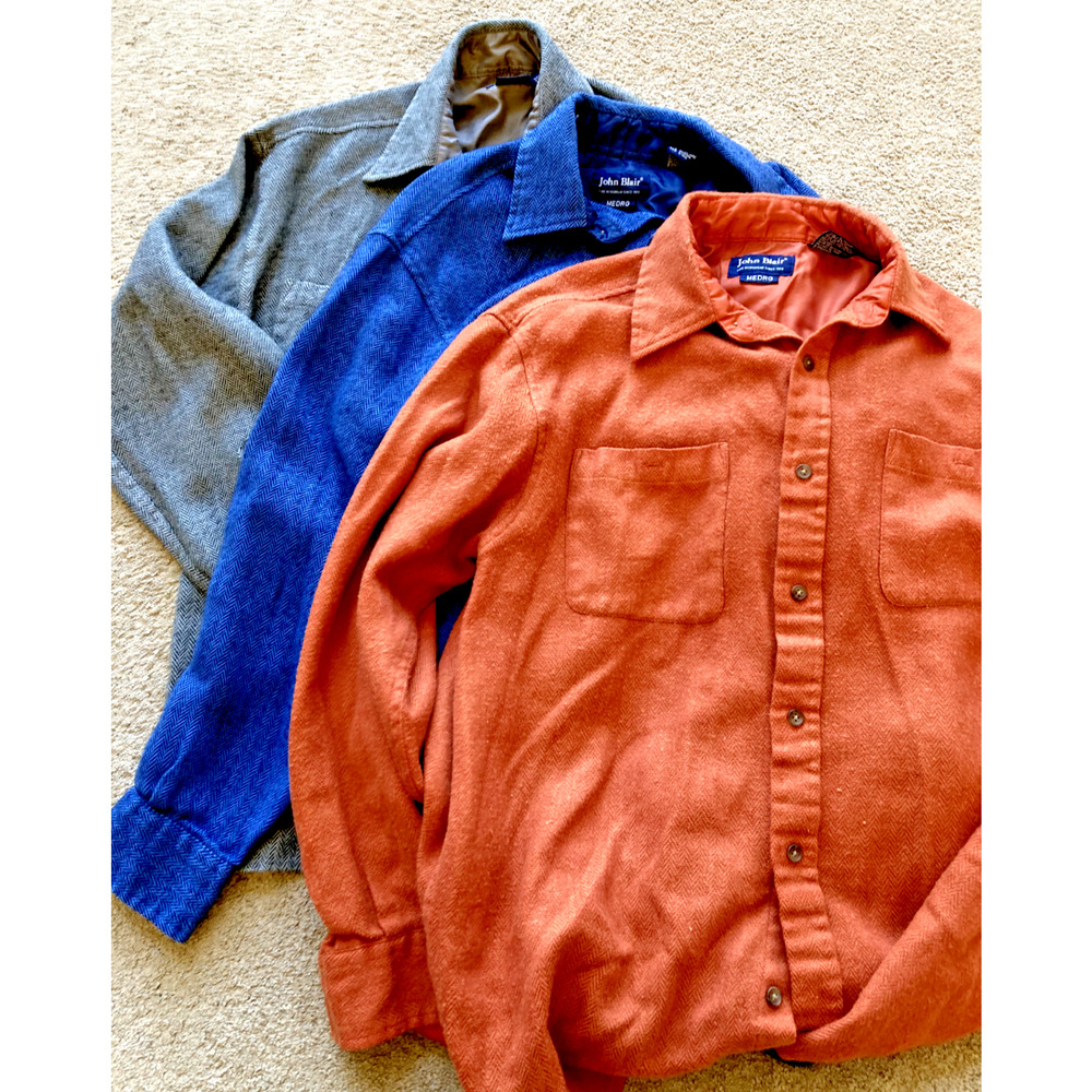 3 Vintage John Blair Mens Button Up Shirts Medium Blue Gray Orange